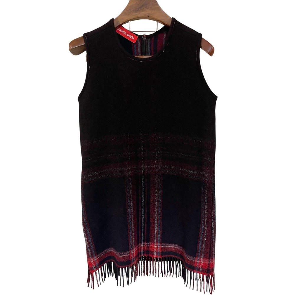VIRGINIA BIZZI Blue Red Plaid Fringe Sleeveless‎ Shift Dress Preppy Old Money 42